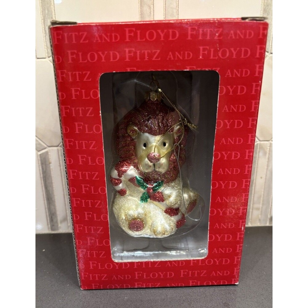 Vintage Fitz And Floyd Glass Ornament - Remembering Santa Lion In Box